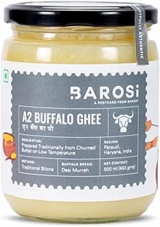 Barosi Premium Buffalo Ghee 500 Ml | Vedic Bilona Method | Churned From Curd | Pure & Natural | Farm Made In Small Batches | Glass Jar Packing