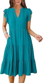 Womens Summer Dress Ruffle Sleeve V Neck Midi Dresses Fashion Casual Fit Flowy Tiered Boho Beach Vacation Sundress