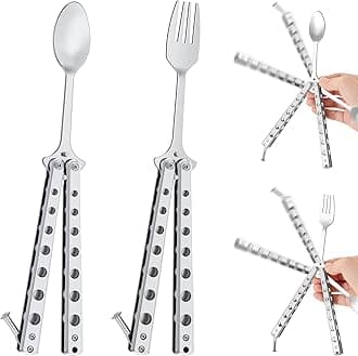 Flutesan 2 Pcs Butterfly Fork and Spoon Set, Tactical Butterfly Spoon Folding Stainless Steel Spork Utensil Set Balisong Trainer for Travel Camping Hunting BBQ Kitchen(Silver)