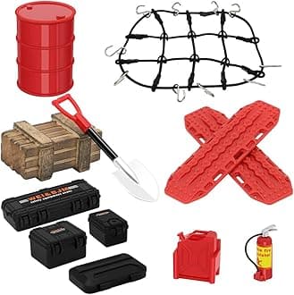 GLOBACT 1/24 1/18 RC Crawler Accessories Car Roof Decoration Luggage Net, Recovery Board, Fire Extinguisher, Toolbox, Wood Box, Shovel for 1/18 TRX4M 1/24 Axial SCX24 Upgrade (12Pcs Black Red)