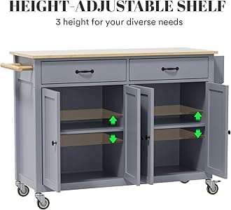 Rovibek Large Kitchen Island On Wheels with Storage 54in Width Mobile Moveable Portable Rolling Wood Island for Kitchen Dining Room with Drawers Cabinet Spice Rack Towel Rack