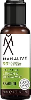 MAN ALIVE Beard Oil for men 99% Natural skincare 50ml with Oatmeal, Argan Oil, Jojoba Oil & Almond Oil, gifts for men softens facial hair mens gifts birthday gifts for him (Lemon & Bergamot)