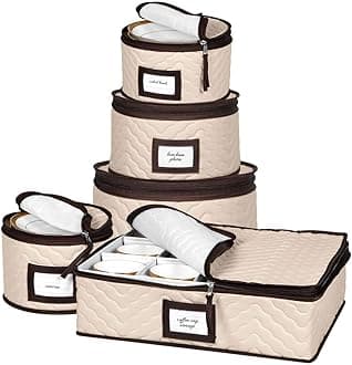 Dinnerware China Storage Organizer 5-Piece Set for China, Tableware Cups and Saucers Sturdy Quilted Microfiber Containers with Dividers Service for 12 - Transport and Protect from Chips and Breaks