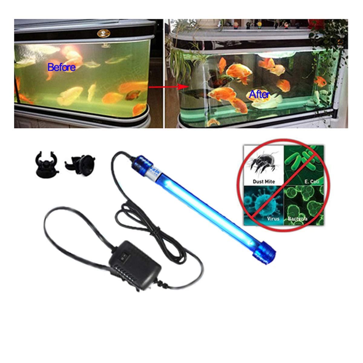 Aquarium UV Light Sterilizer Water Clarifier - Clean Green Algae, Bacteria-Killer for Pet Dog House, Sump Filter Tank, Pond, Swim Pool, Home Sterilization (13W, 13-inch Length)