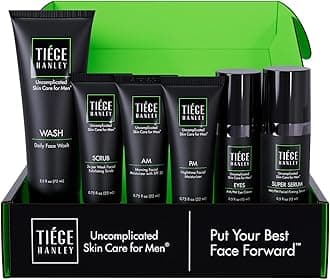 Tiege Hanley Skin Care Set for Men, Anti Aging Routine, System Level 3, Daily Face Wash, Facial Scrub, Two Moisturizers, Eye Cream, and Serum for Healthy, Hydrated Skin, Men’s Skin Care, 6 Piece Kit