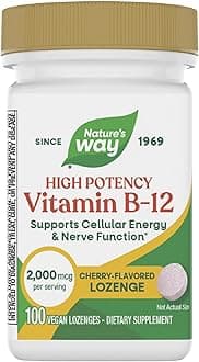 – Nature’s Way Vitamin B-12 Lozenges, 2,000 mcg Vitamin B12 per Lozenge, Supports Cellular Energy & Nerve Function, No Gluten, Vegan, Cherry Flavored, 100 Count (Packaging May Vary) - 1 Pack
