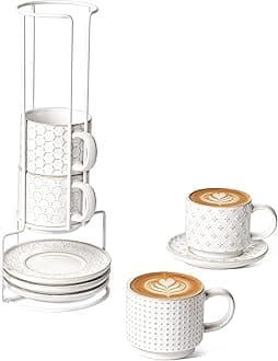 LE TAUCI Stackable Cappuccino Cups with Saucers and Stand, Set of 4, 6 oz Ceramic Coffee Cup Set for Espresso Au Lait, Flat White, Tea, Americano, Dishwasher & Microwave Safe, Embossed, White