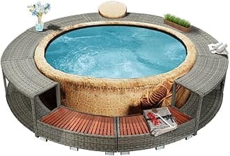 Round Spa Surround Poly Rattan, Outdoor Massage Hot Tub Frame with Solid Acacia Wood Steps and Storage Compartment for Garden Backyard Swimming Pool Surround 111.4"x111.4"x21.7"/Grey -AA