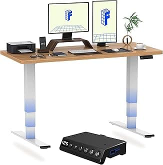 FLEXISPOT E6 MAX ONE PIECE Electric Standing Desk with USB Dual Motors 3 Stage Height Adjustable Sit Stand Up with Memory Smart Panel(White Frame+120x60cm Maple Top)