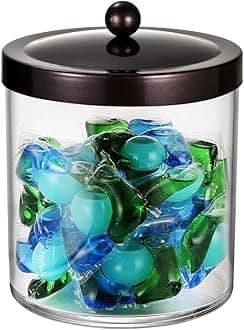 SheeChung Premium Apothecary Jar - 50 Oz. Large Clear Plastic Container Canister with Rust Proof Stainless Steel Lid, Laundry/Kitchen/Bathroom Vanity Countertop Storage Organizer Decor (Bronze)