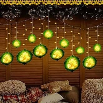 DesidiyaDecorative Ganesh Curtain String Lights, Warm White with 6+6 Ganesh Leaf Design (Pack of 1) – Idol for Ganesh Chaturthi and Balcony Decoration