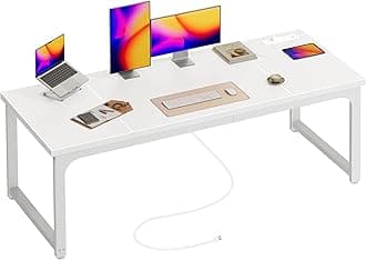 Huuger 63 x 24 inch Desk with Power Outlets & USB-C, Deeper & Thicker Desktop, Robust Metal Tubes, Computer Desk, Heavy Duty Office Desk, Work Gaming Desk, for Home Office, White