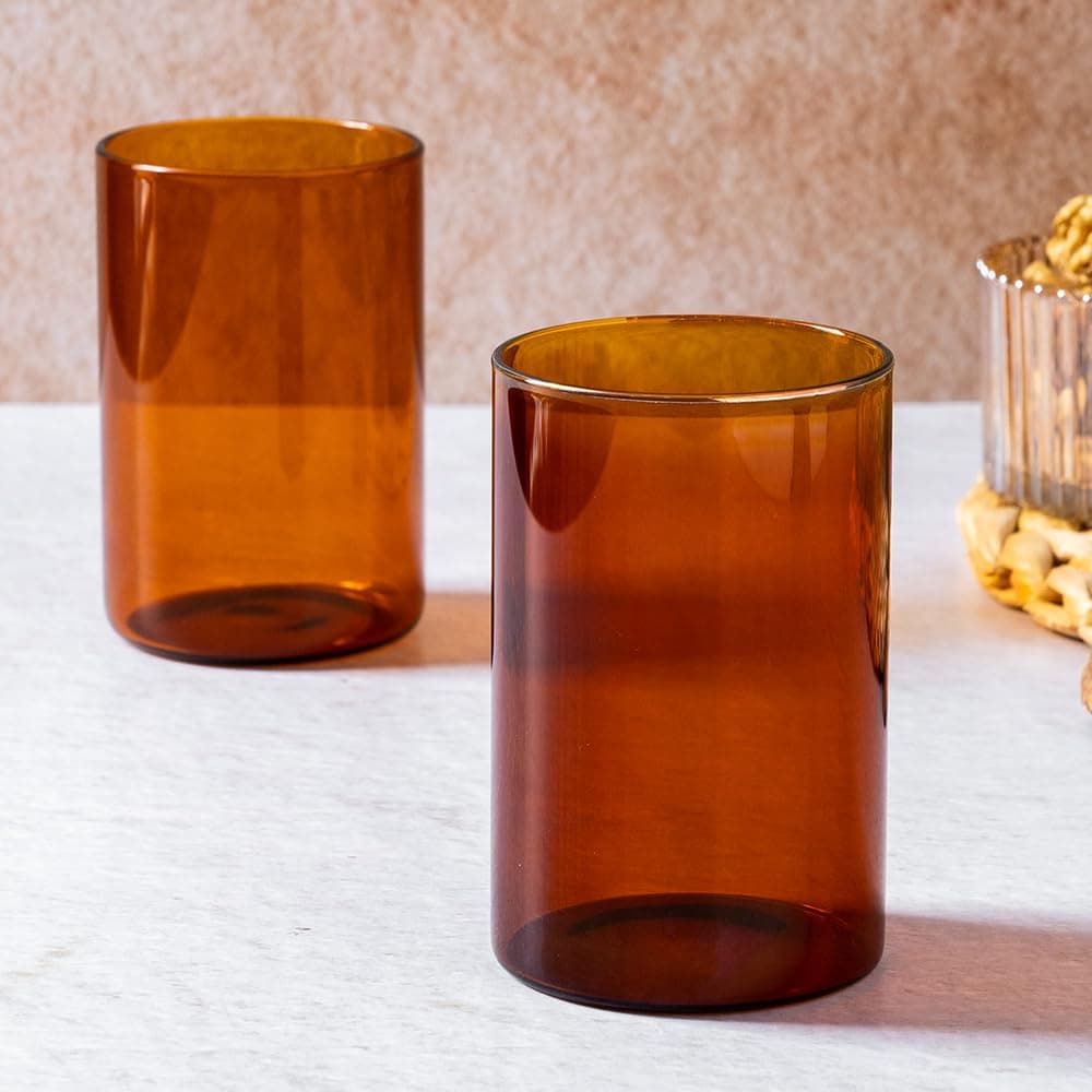 Borosil 295ml 6pc Vision Drinking Glass Set with Silicone Base | Made in India Borosilicate Glass Tumbler for Water/Juice| Microwave & Dishwasher Safe for Dailyuse & Gifting (Amber)