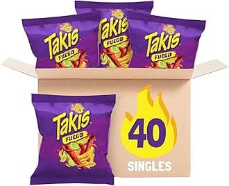 Fuego 40 Count Snack Size Multipack - Extreme Spicy Rolled Tortilla Chips Hot Chili Pepper & Lime Flavored