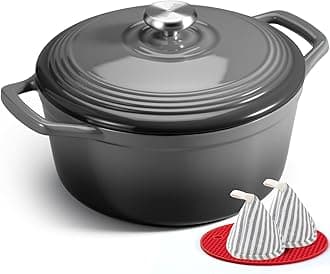 Overmont 5L Enamelled Cast Iron Round Casserole Pot With Lid Cookbook & Cotton Potholders - Non-stick Dutch Oven Cookware for Braising, Stews, Roasting, Bread Baking - Grey, 26cm