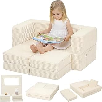 Modular Kids Couch, Corduroy Play Toddler Couch for Bedroom Playroom Furniture, Convertible Foam Kids Sofa Bed, Fold Out Baby Sofa for Girl Boy, Beige
