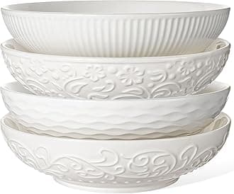 Artena Pasta Bowls 32oz, Ceramic Large Salad Bowls 8 inch, White Embossed Soup Bowl Set of 4 for Entertaining, Serving, Dinner, Wide Shallow Microwave Dishwasher Oven Safe (Mixed Pattern)