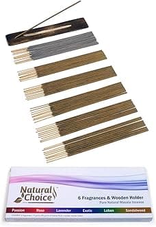 Gift Pack with Wooden Incense Holder (6 Fragrances) Lavender, Sandalwood, Frankincense, Rose, Passion and Exotic