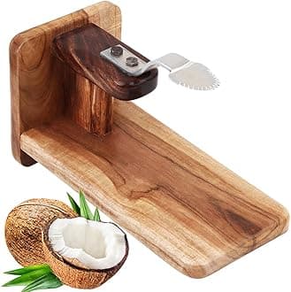 Nilambur Teak Polished Wooden Table Top Coconut Scraper Chirava Grater Thengai Thuruvi, Stainless Steel Blade