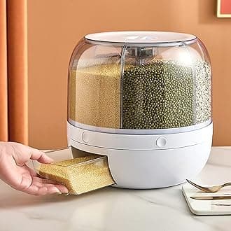 Rice & Dry Food Round Dispenser, Kitchen Organizer, 6-Grid 360° Rotating Grain Container for Home, Cereal Transparent Bucket, Storage Box, Beans Clear Cans, Gift for Women