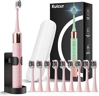Sonic Electric Toothbrush for Adults & Kids, Rechargeable Electric Toothbrush with 10 Brush Heads & Travel Case, Teeth Whitening, Power Tooth Brush with Holder, Charge for 120 Days - Pink