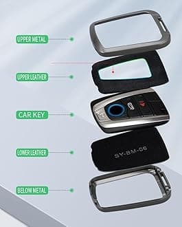 PU Leather+Zinc Alloy 4 Button Smart Key Fob Cover Case Fit for BMW 2014-2019 I3 2014-2020 I8 Keyless Key Holder with USA Flag Keychain Car Accessory A Gun Blue