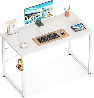 ODK 40 Inches Small Desk for Home Office, Computer Study Table for Small Spaces, Writing Desk with Headphone Hooks, White