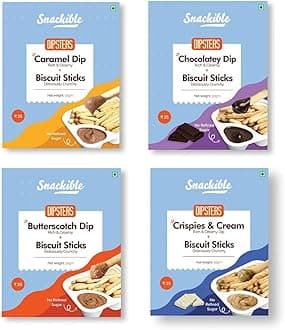 Snackible Dipsters Biscuit Sticks & Dip - Assorted Pack of 4 Flavours | Chocolatey, Butterscotch, Caramel, Cookies & Cream | (Pack of 24) - 24x30gm | Baked | Healthy Dip and Biscuit Sticks | Mixed Flavors | Creamy Dips