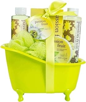 Home Spa Bath Basket Passion Fruit Fragrance Bath & Body Set For Women Contains Shower Gel, Bubble Bath, Body Lotion, Bath Salt in Green Tub Valentines Gift