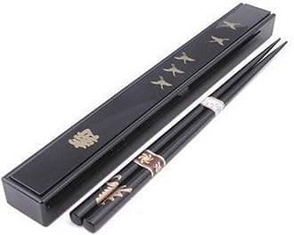 3640, Japanese Portable Chopsticks with Case Travel Chopsticks, Crane Pattern, Black, Made in Japan