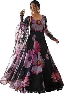 Shasmi Womens Organza Stylish Floral Printed Orgenza Anarkali Ankle Length Dress Gown, Kurta with Dupatta Set Anarkali Gown with Dupatta