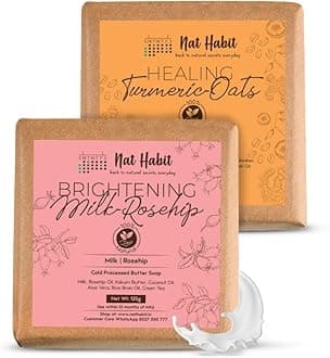 Nat Habit Healing Turmeric-Oats & Brightening Milk-Rosehip Butter Bath Soap - With Cold Processed For Body Cleansing, Skin Whitening & Tan Removal (125g x 2, Combo)