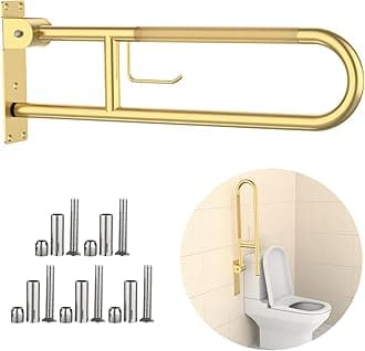 Toilet Grab Bar 30.3 Inch, Flip Up Grab Bar with Paper Holder, Brushed Gold Anti-Slip Safety Bars for Toilet, Stainless Steel Knurled Toilet Handles for Seniors Disabled Elderly Pregnant