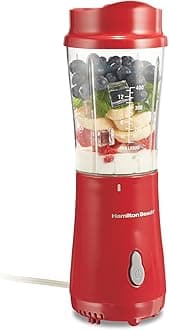 Hamilton Beach Portable Blender for Shakes and Smoothies, 14 Oz BPA Free Travel Cup & Lid, Durable Stainless Steel Blades, Personal Smoothie Blender, Red (51101RV)