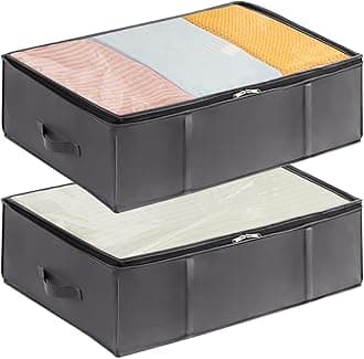 Lifewit 2 Pack 40L Under Bed Storage, Underbed Storage Boxes with lid Clothes Storage Bag Wardrobe Storage Organiser with Reinforced Handle, PVC Window for Duvet, Blanket, Clothing, Shoes, Grey