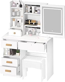 Dressing Table with Adjustable 3 Color Large Sliding Lighted Mirror, Bedroom Makeup Vanity Table with 5 Drawers and Multi Hidden Storage Shelves, Cushioned Stool, Home Dorm Make Up Table WHI