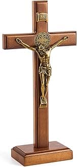 Leinuosen 10 Inch Wood Cross Crucifix Wall and Table Catholic Wooden Crosses Standing Cross Decor Jesus Christ Decoration for Home Baptism Communion Church(1 Pcs)