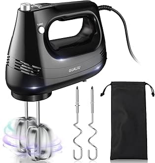 GUALIU Electric Hand Mixer with Stainless Steel Whisk, Dough Hook Attachment and Storage Bag, Handheld Mixer for Baking Cakes, Eggs, Cream Food Mixers. Turbo Boost /5 Speed Kitchen Blender