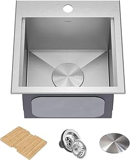 KWT321-15-316 Kore Outdoor Workstation Drop-In 16 Gauge Marine Grade T-316 Stainless Steel Square Single Bowl Kitchen Bar Sink with Accessories, 15 x 15 Inch