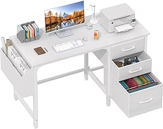 Lufeiya White Computer Desk with Fabric File Drawers Cabinet, 47 Inch Home Of...