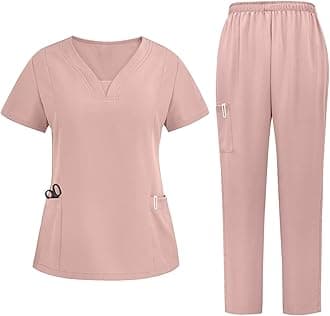 Scrubs for Women Set V-Neck Stretch Scrub Top & Drawstring Scrub Pant Nursing Uniforms Scrubs Sets with Pockets