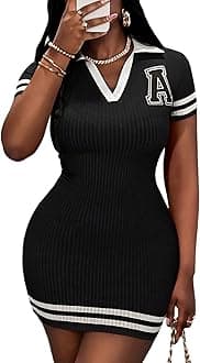 SOLY HUX Women's Summer Mini Dress Striped Letter Collared V Neck Short Sleeve Bodycon Casual Dresses Streetwear