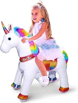 WondeRides Ride on Unicorn Toys for Girls Rocking Horse Riding Horse Toy Rainbow Small Size 3 for Age 3-5 (30.1 inch Height) Plush Animal Giddy up Ride on Pony Toys with Wheels Outdoor and Indoor.