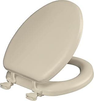 Padded Toilet Seat, Cushioned Soft Vinyl over Wood Core Seat, Secure Hinges, Easy Clean, Made in USA, Elongated, Bone
