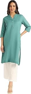 BLOCKS OF INDIA Long Cotton Kurta Womens Plain Straight Kurta, 3/4 Sleeve, Knee Length with 2 Pockets