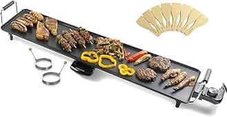 Andrew James Teppanyaki Electric Grill Plate & 2 Egg Rings | XXL Non-Stick Tabletop Griddle with 88cm x 23cm Hot Plate & Adjustable Temperature | Includes 8 Wooden Spatula