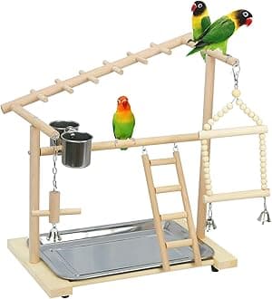 Parrot Playstand Bird Playground Birdcage Wood Perch Stand Ladder Swing with with Feeder Cups Birds Play Gym Cockatiel Playground Include Hanging Bell Swing Ladders