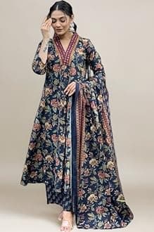 Women's Cotton Blend Anarkali Printed Kurta with Palazzo & Dupatta