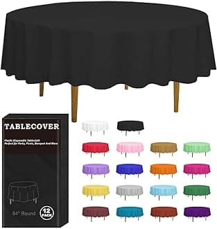 D&Z Plastic Table Cloth Disposable, 12 Pack Black Round Tablecloth Individually Wrapped for Indoor&Outdoor, 84 Inch Table Cover for Party, Picnic, Birthday, Wedding & Dinner