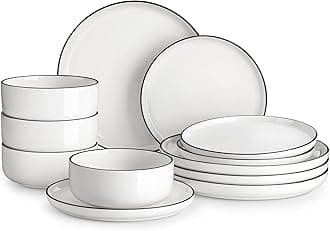 MALACASA Dinner Set for 4, 12 Pieces Porcelain Plates and Bowls Sets with Black Rim, Ceramic Ivory White Dinnerware Sets Dish Set Dining Dinner Ware Set, Series Luna